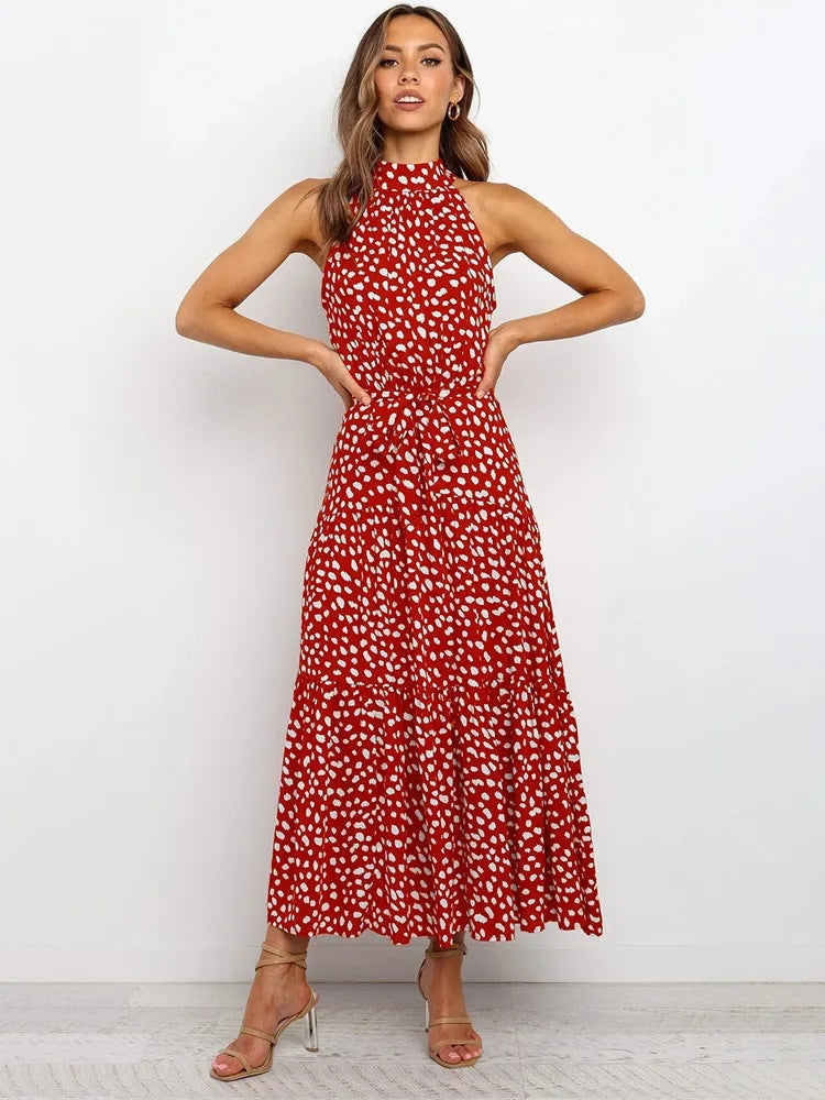 2025 Long skirt neck polka dot print lace-up dress
