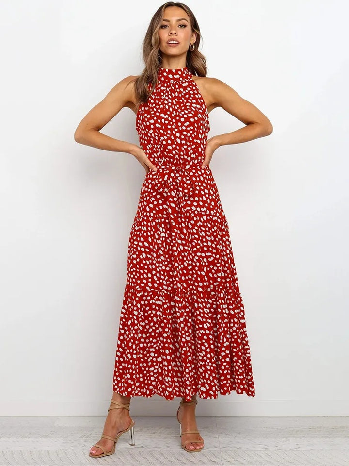 2025 Long skirt neck polka dot print lace-up dress