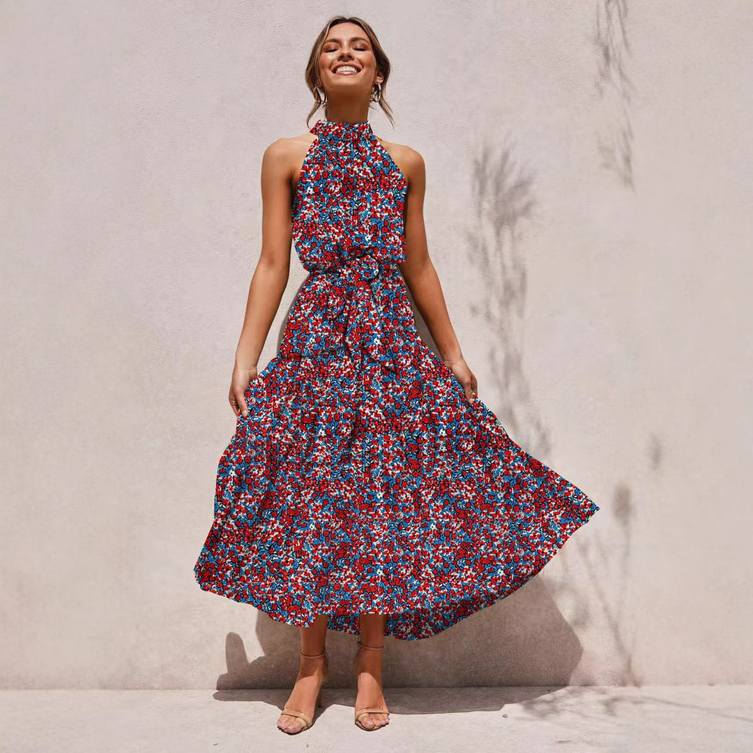 2025 Long skirt neck polka dot print lace-up dress