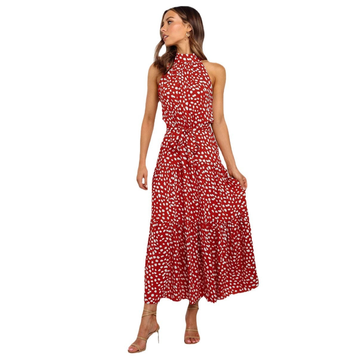 2025 Long skirt neck polka dot print lace-up dress